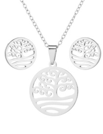 Fashion Silver Stainless Steel Hollow Tree Of Life Stud Earring Necklace Three-piece Set
