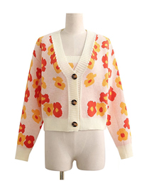 Fashion Beige Two-piece Floral Knit Single-breasted Cardigan Jacket With Suspenders