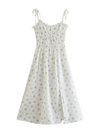 Fashion White Pleated Print Sling Split Dress