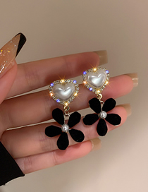 Fashion Black Flowers Flocking Flower Love Pearl Stud Earrings