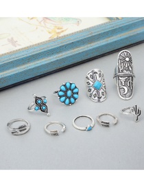Fashion Silver Turquoise Flower Cactus Open 9-piece Ring