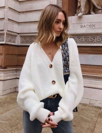 Fashion White V-neck Button Knit Cardigan
