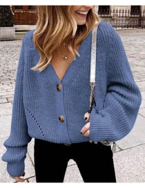Fashion Blue V-neck Button Knit Cardigan