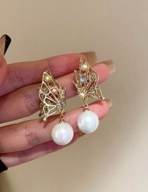Fashion Gold Color Alloy Diamond Butterfly Pearl Stud Earrings