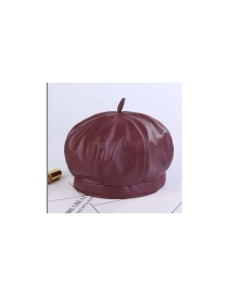 Fashion Red Wine Pu Leather Beret Octagonal Hat