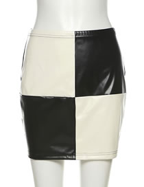 Fashion Black Check Color Contrast Pu Skirt