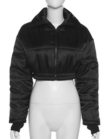 Fashion Black Stand-up Collar Long-sleeved Zipper Short Cotton Jacket