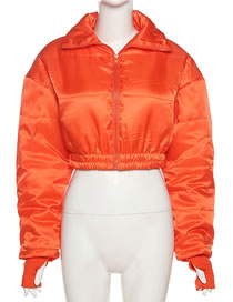 Fashion Orange Stand-up Collar Long-sleeved Zipper Short Cotton Jacket