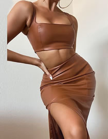 Fashion Brown Pu Sling Split Skirt Suit