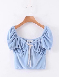 Fashion Blue Velvet Knotted Square Neck Pleated Top