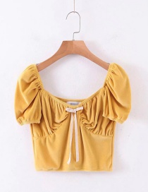 Fashion Yellow Velvet Knotted Square Neck Pleated Top