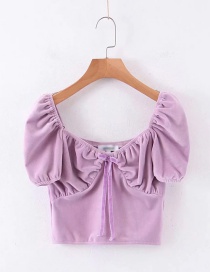Fashion Purple Velvet Knotted Square Neck Pleated Top