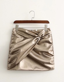 Fashion Champagne Pleated Faux Leather Skirt