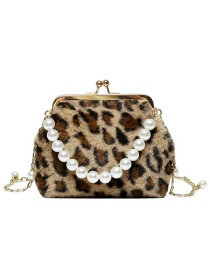 Fashion Khaki Plush Leopard Print Pearl Tote Shell Bag