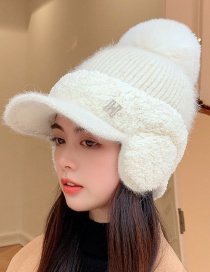 Fashion Milky White Rabbit Fur Knitted Long Brim Fur Ball Ear Cap