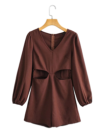 Fashion Brown Cotton And Linen Cut-waist Jumpsuit