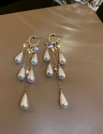 Fashion Gold Alloy Diamond Drop Pearl Tassel Earrings