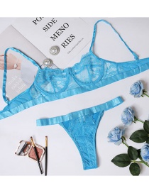 Fashion Bright Blue Lace Perspective Underwear Set With Steel Ring