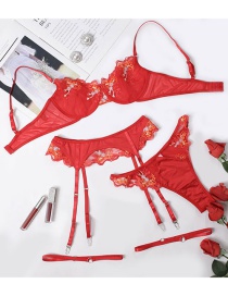 Fashion Red Embroidered See-through Lace Waistband Underwear Set
