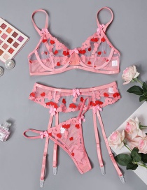 Fashion Pink Embroidered Flower Garter Underwear Set