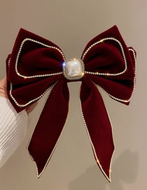 Fashion Red Wine Velvet Diamond-studded Pearl Bow Hairpin