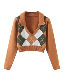Fashion Coffee Color Diamond Rabbit Velvet Core-spun Yarn Lapel V-neck Sweater