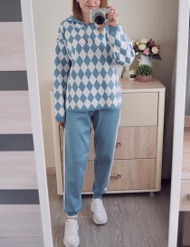 Fashion Blue Rhombus Print Hooded Trousers And Trousers