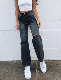 Fashion Black Ripped High-rise Straight-leg Jeans