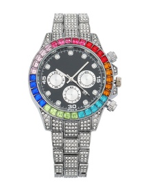 Fashion Silver Color Black Steel Band With Colored Diamonds Three-eye Calendar Watch