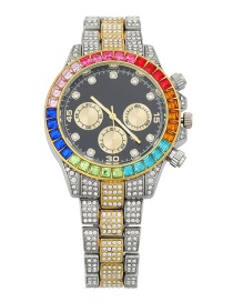 Fashion Between Gold Color And Black Steel Band With Colored Diamonds Three-eye Calendar Watch