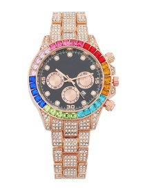 Fashion Rose Gold Color Black Face Steel Band With Colored Diamonds Three-eye Calendar Watch