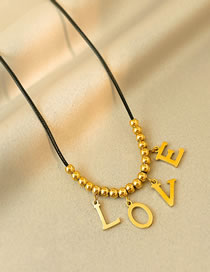 Fashion Gold Color Titanium Steel Round Beads Leather Rope Stitching Letter Necklace