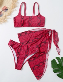 Fashion Red Snake Skin Three-piece Swimsuit With Split Print