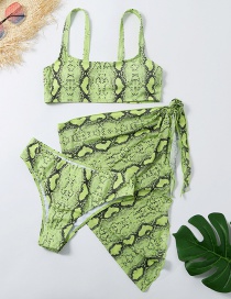 Fashion Fluorescent Green Snake Skin Three-piece Swimsuit With Split Print