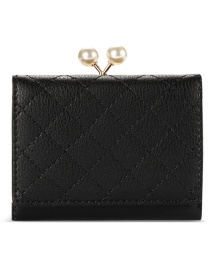 Fashion Black Lingge Embroidery Thread Pearl Clip Wallet