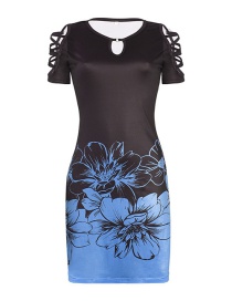 Fashion Blue Printed Short Sleeve Off-the-shoulder Round Neck Dress