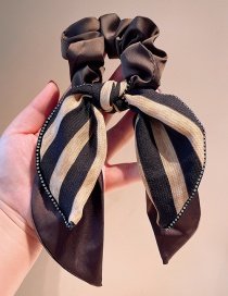 Fashion Coffee Color Fabric Rhinestone Edge Stripe Color Matching Bow Pleated Hair Tie