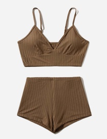 Fashion Coffee Brown Flat-angle Threaded Split Swimsuit