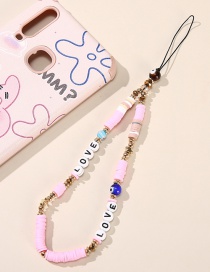 Fashion Pink Soft Pottery Letters Wooden Beads Crystal Eyes Phone Chain