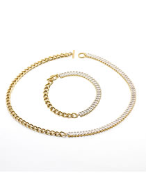 Fashion Suit Titanium Steel Diamond Tennis Chain Ot Buckle Bracelet Necklace Set