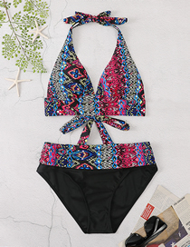 Fashion Color Halter Lace-up Print Split Swimsuit