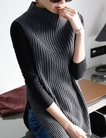Fashion Black Knit Sweater Pullover Half High Neck Split Sweater Dress