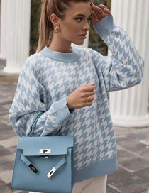Fashion Blue Houndstooth Knit Crew Neck Sweater