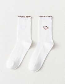 Fashion White Vertical Stripes Smiley Face Embroidery Cartoon Socks