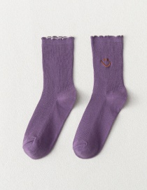 Fashion Purple Vertical Stripes Smiley Face Embroidery Cartoon Socks