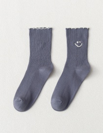 Fashion Dark Gray Vertical Stripes Smiley Face Embroidery Cartoon Socks