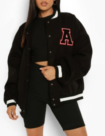 Fashion All Black A Letter Embroidered Fleece Jacket