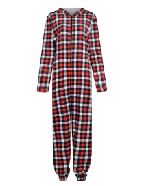 Fashion Red And Black Grid Christmas Print Hooded One-piece Pajamas