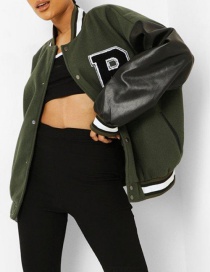Fashion Army Green Black B Baseball Jacket With Fleece Letter Embroidery