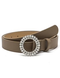Fashion Dark Khaki Thin Pu Leather Belt With Diamond Round Buckle